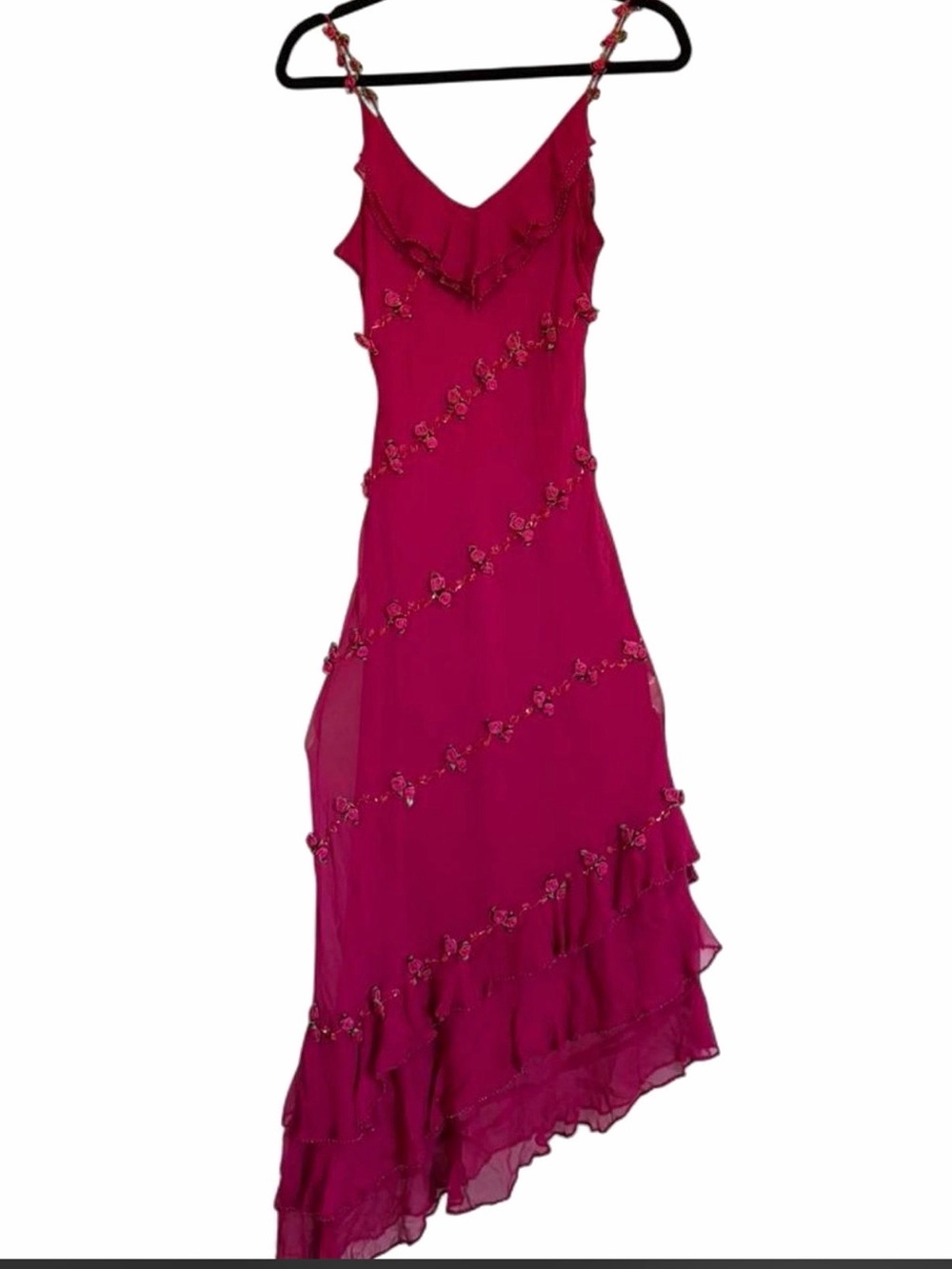 ECI New York Vintage Silk V-Neck Ruffle Slip Dress in Deep Magenta